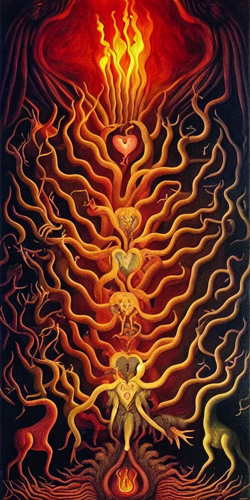 Image similar to mythical creatures and monsters in the visceral anatomical human heart imaginal realm of the collective unconscious, in a dark surreal painting by johfra, leonora carrington and ronny khalil, dramatic lighting fire glow