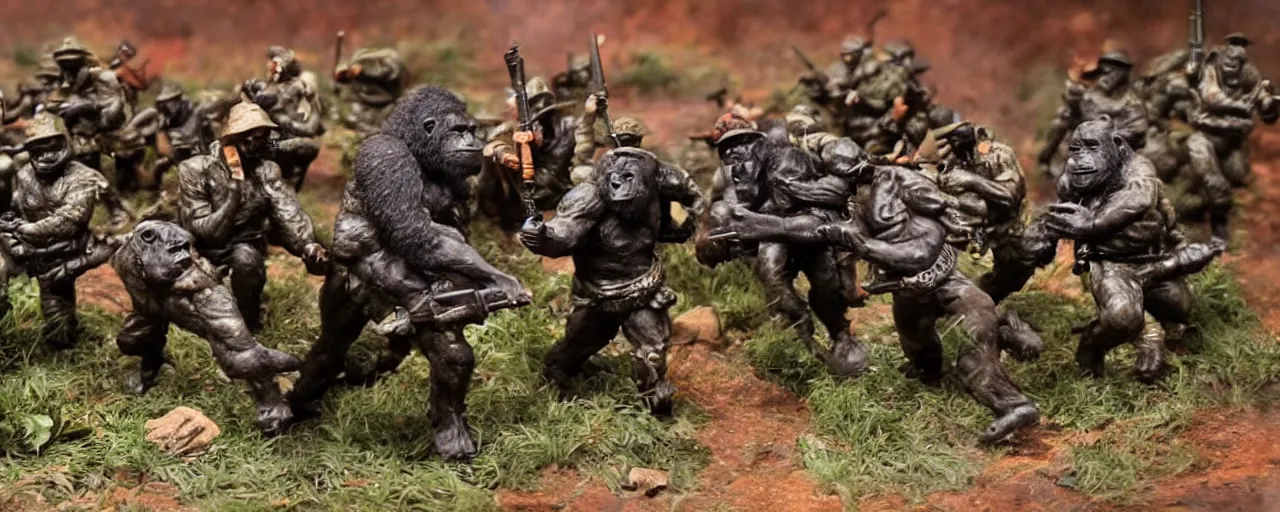Image similar to militant gorilla soldiers are plundering a small town, beautiful render, war time, colorful,