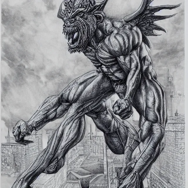 Image similar to highly detailed ballpoint pen illustration of a muscular gargoyle man standing on top of a building