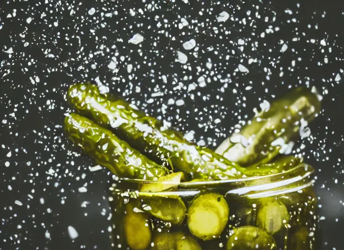 Image similar to photo still of lots of whole pickles falling from the sky, 8 k, 8 5 mm f 1. 8