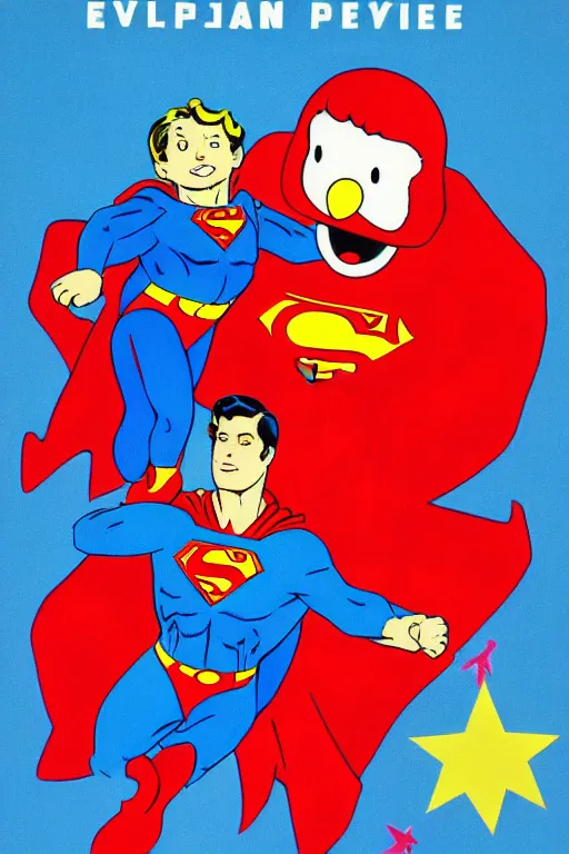 Image similar to poster of superman fighting Elmo in the style of USSR propaganda