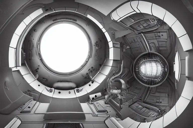 Image similar to small spaced quarters inside rocket ship with gray metallic factory engine walls and small window looking into space, details, sharp focus, intricate, high definition, movie set, retro style, 1970s, 1980s, sci-fi, digital Art, 3D, realistic photograph, lucasfilm, space odyessy