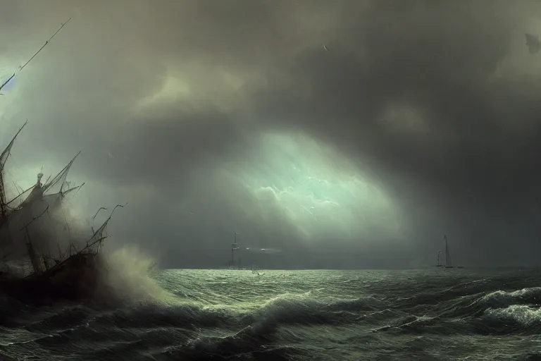 Prompt: A huge sea monster attacks the fishing town in a storm, trending on Artstation, 8k, photorealistic, hyper detailed, unreal engine 5, IMAX quality, cinematic, epic lighting, in the style of Ivan Aivazovsky