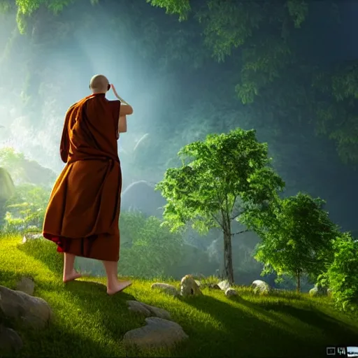 Prompt: a happy monk in perfect harmony with nature is watching the future in the sky. volumetric lighting, sharp focus, ultra detailed, cgsociety - w 1 0 2 4 - n 8 - i