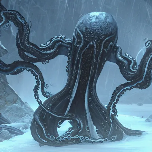 Prompt: screenshot of an end game boss that is an ethereal obsidian ghostly wraith like figure with a squid like parasite latched onto its head and long tentacle arms that flow lazily but gracefully at its sides like a cloak and chains rattling at its sides while it floats around a frozen rocky tundra in the snow searching for lost souls hidden among the underbrush of the frozen trees, this character has hydrokinesis and electrokinesis for silent hill video game and inspired by the resident evil game franchise