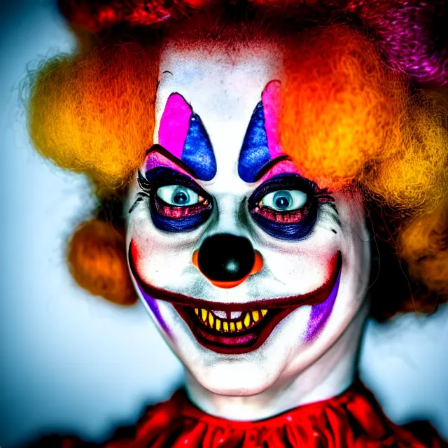 Image similar to photo of a beautiful creepy female clown, highly detailed, 8 k, hdr, close up, smooth, sharp focus, high resolution, award - winning photo