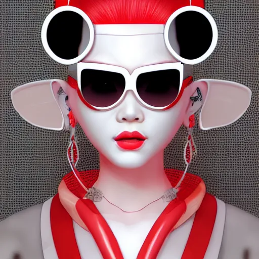 Prompt: albino maiko with futuristic sunglasses, red and white neon, concept art, intricate details, highly professionally detailed, cgsociety, highly detailed -