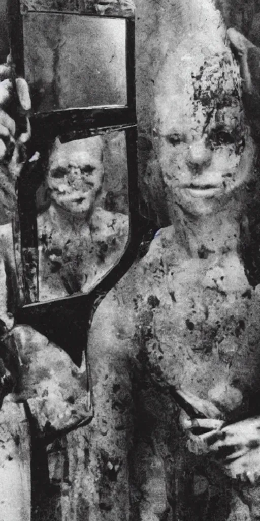Prompt: serial killer cult leader looking in the mirror, centered on the camera, film still from horror documentary movie, 4k