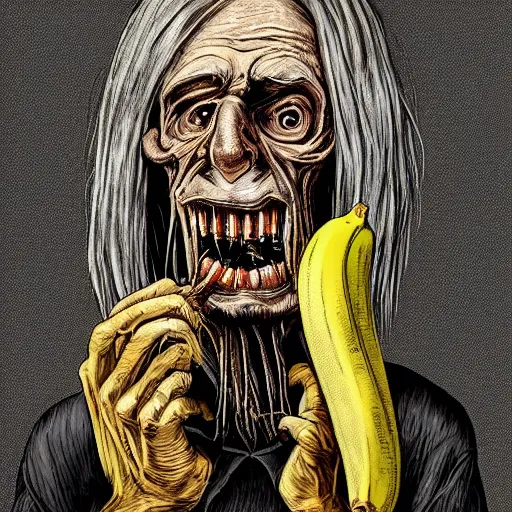 Image similar to an incredibly old shriveled man has banana for fingers stroking his long hair, sharp teeth yellow rotting haggard nasty man smells of cigar and death portrait