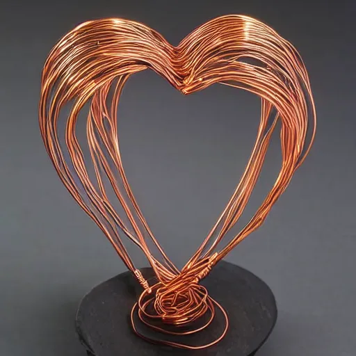 Prompt: a very beautiful tiny ( ( ( ( ( ( ( ( human heart ) ) ) ) ) ) ) )!!!!!!!!!!!!!!!!!!!!!!!!! organic sculpture made of copper wire and threaded pipes, very intricate, curved. studio lighting, high resolution, high quality, black background