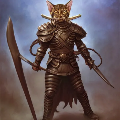 Image similar to ( ( ( full length portrait of a dark tabby tabaxi paladin, halberd, breastplate ) ) ), d & d, tyler jacobson, greg rutkowski, frank frazetta, alexandre chaudret, boris vallejo, michael whelan, miro petrov, magali villeneuve, donato giancola