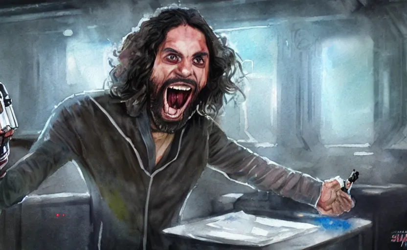 Prompt: an accurate realistic star wars watercolor fantasy concept art of a drug dealer that looks like chris d'elia screaming in a sleazy futuristic bar of coruscant, hq, 4 k