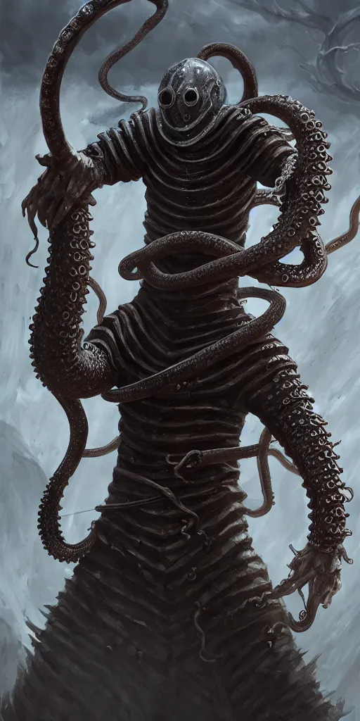 Image similar to a medieval knight slowly transforming into a tentacle monster, matte oil painting, concept art, dnd, clear, crisp, sharp, bones, armor, eldritch, award - winning, extremely detailed, 4 k, 8 k