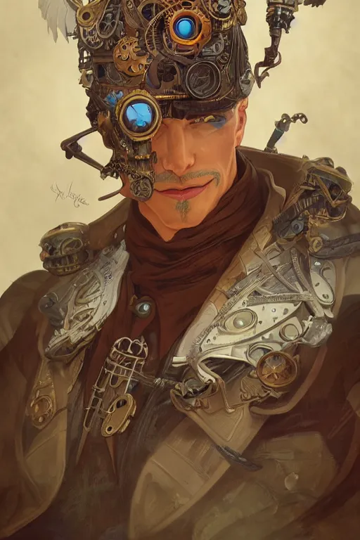 Image similar to anthropomorphic hawk as steampunk half - cyborg, western, high fantasy, dnd, smooth, sharp focus, illustration, highly detailed, digital painting, artstation, concept art, by disney animation, rossdraws, alphonse mucha, frank fanzzeta, collectible card art