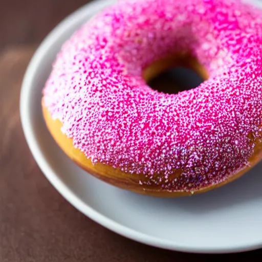 Image similar to a close up photo of a delicious looking pink frosted donut with sprinkles on a plate, high quality, hd, food photography