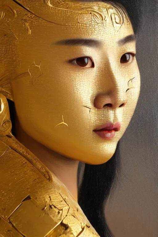 Image similar to realistic detailed painting of Mulan wearing sculpted textured golden armor, close her eye, battle damage, intricate complexity, close-up of the front of the face, super sophisticated texture, resolute expression, back lighting, 4K resolution, symmetric, clear facial features, golden ratio, by Ruan Jia and Mandy Jurgens and William-Adolphe Bouguereau, Karol Bak, smooth, sharp focus, rich deep colors, Unreal Engine 5, digital render, intricate, ultra realistic, concept art,