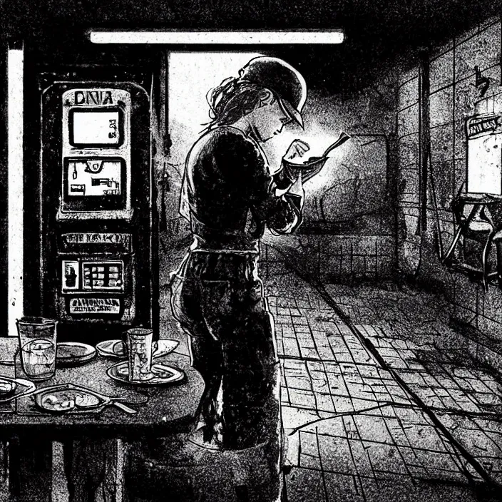 Image similar to sadie sink as a coal miner : eats bread at a table. inside a dirty automated kiosk. bright tasty food options displayed on a wall. black tiles on walls. black and white, pencil and ink. by gabriel hardman, joe alves, chris bonura. cinematic atmosphere, detailed and intricate, perfect anatomy