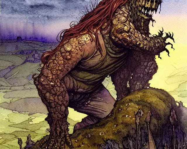 Prompt: a realistic and atmospheric watercolour fantasy character concept art portrait of a 4 0 ft. tall cute monster stalking the moors of ireland at night. by rebecca guay, michael kaluta, charles vess and jean moebius giraud