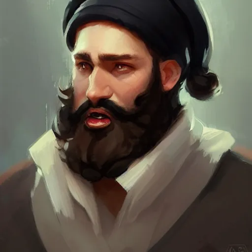 Image similar to a happy merchant jew wearing kippah!!!, rubbing hands!!!, evil, tricky!!, black curly beard, black curly hair, black eyes, hooked nose!, by greg rutkowski, artstation, by artgerm, by wlop