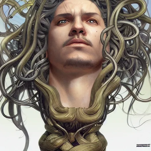 Image similar to male medusa, highly detailed, digital painting, artstation, concept art, smooth, sharp focus, illustration, art by artgerm and greg rutkowski and alphonse mucha