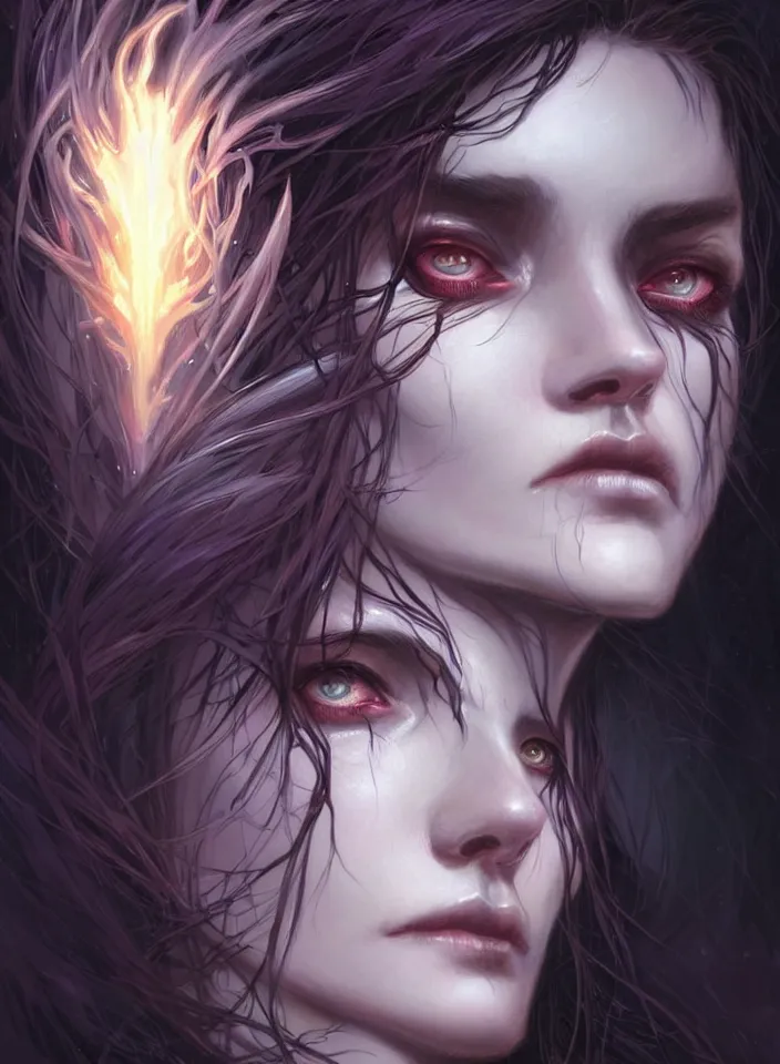 Image similar to Necromancer Sorceress face close-up macro in center, fantasy magic, undercut hairstyle, dark light night, intricate, elegant, sharp focus, illustration, highly detailed, digital painting, concept art, matte, art by WLOP and Artgerm and Greg Rutkowski and Alphonse Mucha, masterpiece