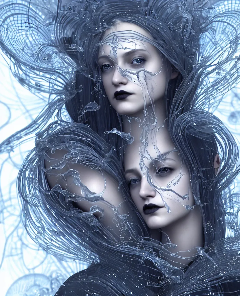 Image similar to close-up portrait of the face of a beautiful gloomy gothic princess, epic angle and pose, symmetrical artwork, 3d with depth of field, blurred background, cybernetic jellyfish female face skull phoenix bird, translucent, nautilus, energy flows of water and fire. a highly detailed epic cinematic concept art CG render. made in Maya, Blender and Photoshop, octane render, excellent composition, cinematic dystopian brutalist atmosphere, dynamic dramatic cinematic lighting, aesthetic, very inspirational, arthouse. y Greg Rutkowski, Ilya Kuvshinov, WLOP, Stanley Artgerm Lau, Ruan Jia and Fenghua Zhong