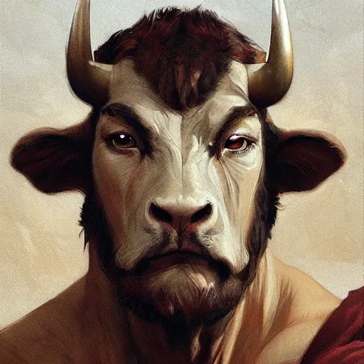 Image similar to ''face portrait of a handsome bull, furry, greek mythology, greece, fantasy, dungeons and dragons, d & d, digital painting, artstation, concept art, sharp focus, illustration, art by greg rutkowski and alphonse mucha''