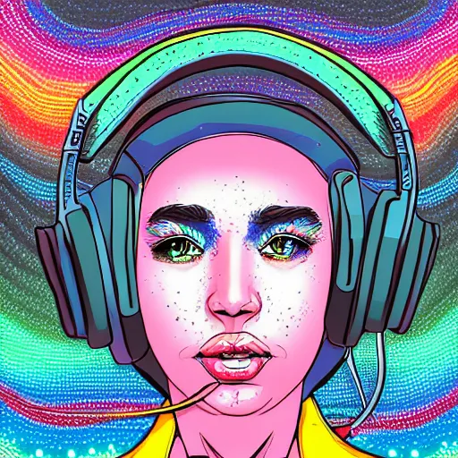 Prompt: artgerm, psychedelic android, rocking out, headphones dj rave, digital artwork, r. crumb, svg vector