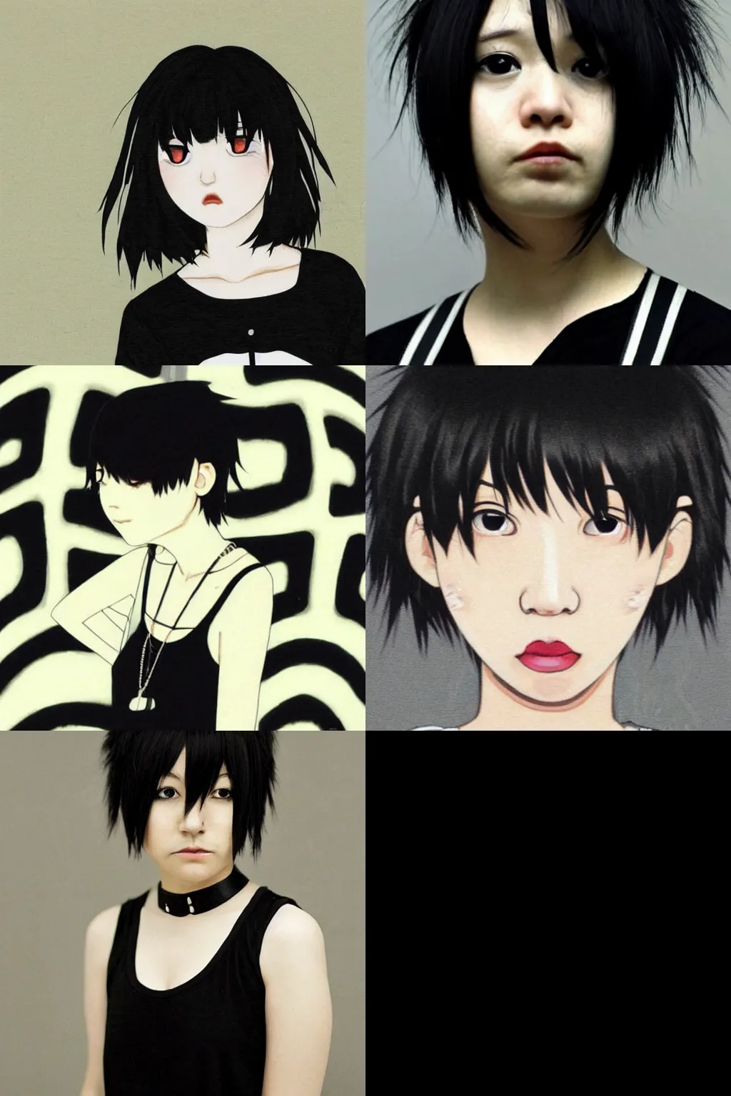 Prompt: an emo portrait by chiho aoshima. her hair is dark brown and cut into a short, messy pixie cut. she has a slightly rounded face, with a pointed chin, large entirely - black eyes, and a small nose. she is wearing a black tank top, a black leather jacket, a black knee - length skirt, and a black choker..