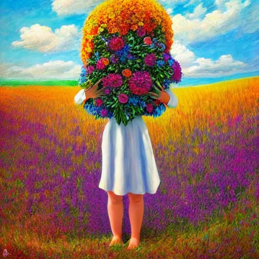 Image similar to giant flower head, frontal, woman standing in field, surreal photography, colorful clouds, impressionist painting, digital painting, artstation, rob gonsalves