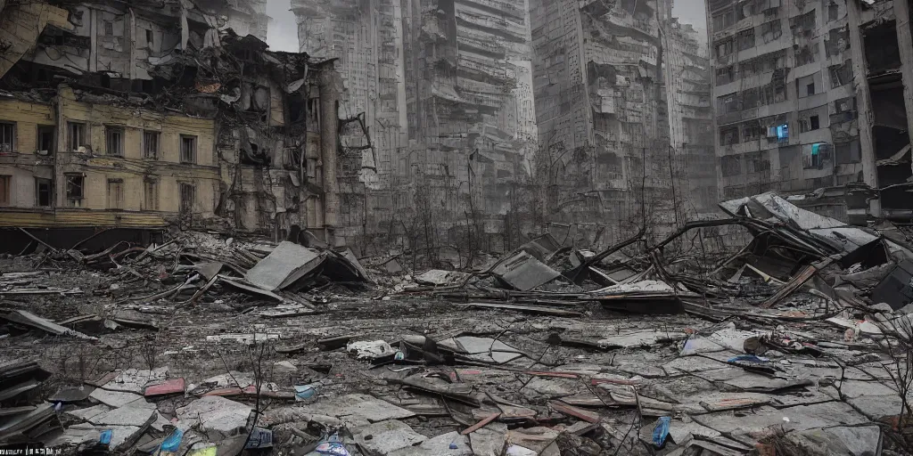 Image similar to one survivor in the middle of the ruins of cyberpunk moscow after the bombing, a minimum of surviving houses, a dim sky, a dead city