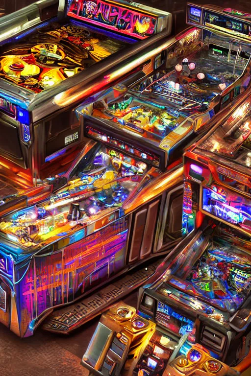 Prompt: a pinball layout, game art, theme is cyberpunk city market, tripmachines, realistic digital art, 3 d render of two huge futuristic steampunk generators inside a cyberpunk machine, 8 k, fluorescent colors, halluzinogenic, multicolored, exaggerated detailed, unreal engine