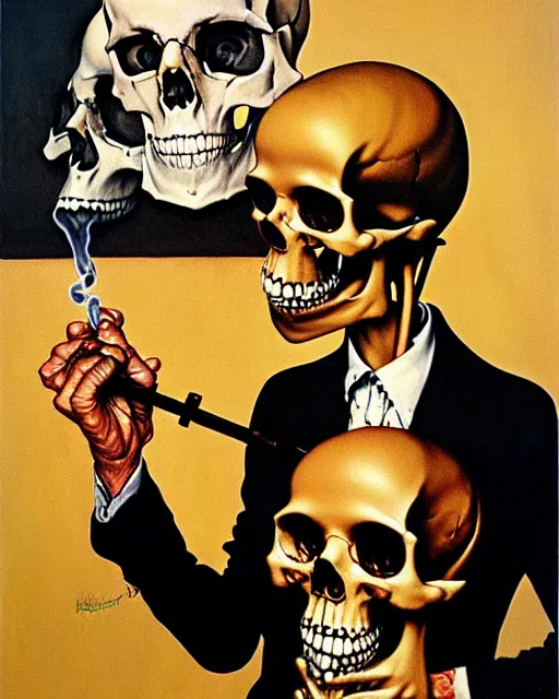 Prompt: oil geometric painting of skull skeletons smoking weed by norman rockwell