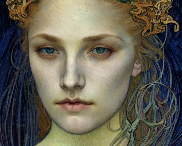 Image similar to detailed realistic beautiful young medieval queen face portrait by jean delville, alphonse mucha, vincent van gogh, and marco mazzoni, art nouveau, symbolist, visionary, gothic, pre - raphaelite