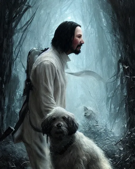 Image similar to keanu reeves as a ghost with his dog, hyper realistic face, beautiful eyes, fantasy art, in the style of greg rutkowski, intricate, hyper detailed, smooth