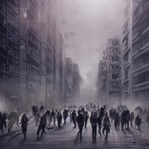 Image similar to hordes of drone-like people aimlessly walking around a depressing dystopian cityscape , trending on artststion, hyper realistic, surreal, melancholic, 8k, upscaled