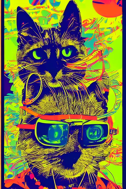 Prompt: cat in a VR helmet, 1969 psychedelic art poster, san francisco, hippie style, screen print poster