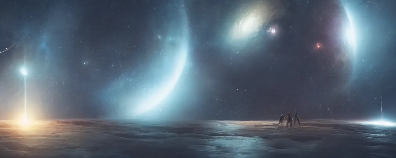 Image similar to movie still, thin galactic horizon, a dark epic galaxy, space scene, dark scifi, unreal engine, octane render, detailed and intricate, global illumination, volumetric lighting, hubble telescope images, james webb telescope images, houdini fluid simulation, detailed and intricate environment