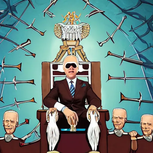 Image similar to Joe Biden sitting on a throne of skulls, digital painting