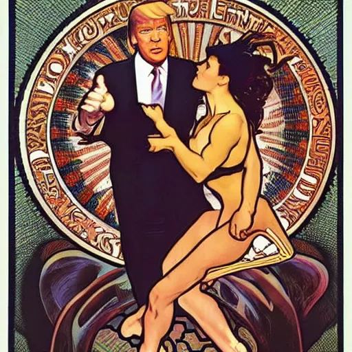 Image similar to jean Claude van Damme meets donald Trump, by alphonse mucha,