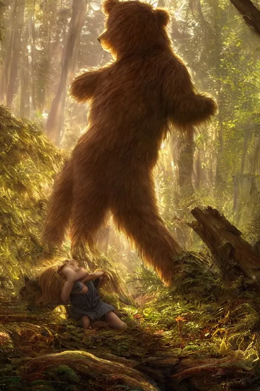 Image similar to mean fluffy teddybear protecting girl in a forest with rays of light coming through the canopy, masterpiece, dystopian, sci-fi, extremely detailed, digital painting, sculpted in zbrush, artstation, concept art, smooth, sharp focus, illustration, chiaroscuro lighting, golden ratio, incredible art, artgerm, greg rutkowski, alphonse mucha, simon stalenhag, carravaggio