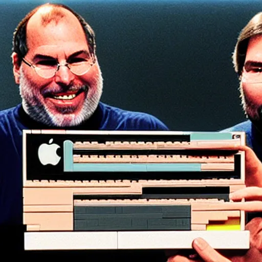 Image similar to steve jobs and steve wozniak inventing apple ii, lego set,