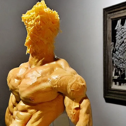 Image similar to Sculpture of a bodybuilder made entirely from cheese, by Antoni Gaudi