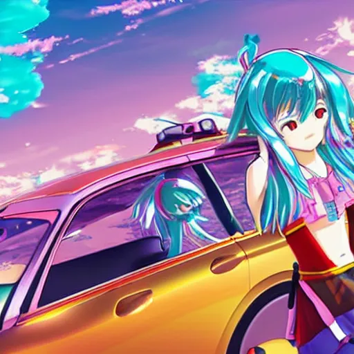 Prompt: Hatsune Miku and Megumin driving down the highway, vaporwave aesthetic