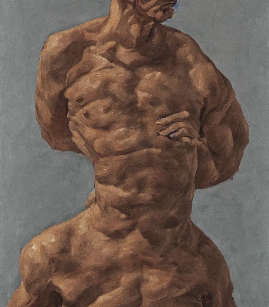 Prompt: medium close shot of a man without shirt in the style of lucian freud self portrait. oil painting, thick brush strokes. gray background. hard light from top. perspective from below. 5 0 mm