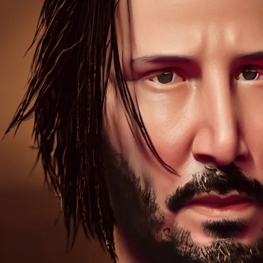 Image similar to hyperrealistic dslr film still of keanu reeves with a weave, stunning 8 k octane comprehensive 3 d render, inspired by istvan sandorfi & greg rutkowski & unreal engine, perfect symmetry, dim volumetric cinematic lighting, extremely hyper - detailed, incredibly real lifelike attributes & flesh texture, intricate, masterpiece, artstation, stunning