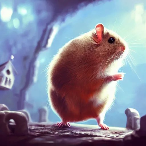 Image similar to oil painting of anthropomorphized hamster looking at shiny ruby, steampunk clothes, close shot, full body, dark steampunk mine shaft background, sharp focus, fantasy style, octane render, volumetric lighting, 8k high definition, by greg rutkowski, highly detailed, trending on art Station, dungeons and dragons artwork, centered