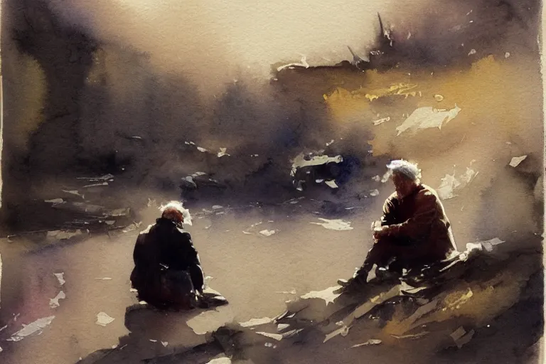 Prompt: small centered on watercolor paper, paint brush strokes, abstract watercolor painting of old man sitting, poor and rugged, cinematic light, national romanticism by hans dahl, by jesper ejsing, by anders zorn, by greg rutkowski, by greg manchess, by tyler edlin