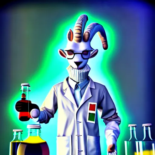 Image similar to a mad scientist goat in lab coats mixing acids, digital art, trending on artstation and unreal engine, deviantart, smooth, hyper detailed, award - winning, hd