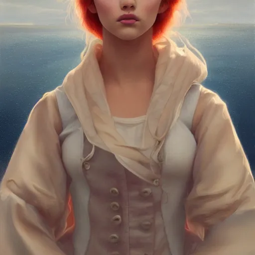 Prompt: tom bagshaw portrait, beautiful mix of dove cameron madison beer bella poarch in a full sailor suit, short redhead, professionally retouched, focus eyes, ultra realistic soft painting, insanely detailed linework, symmetrical accurate intricate features, behance, 8 k